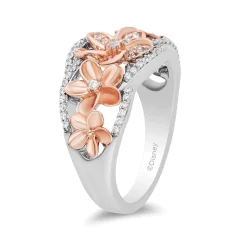 Enchanted Disney Fine Jewelry Sterling Silver and 10K Rose Gold with 1/4 CTTW Diamond Moana Plumeria Flower Ring