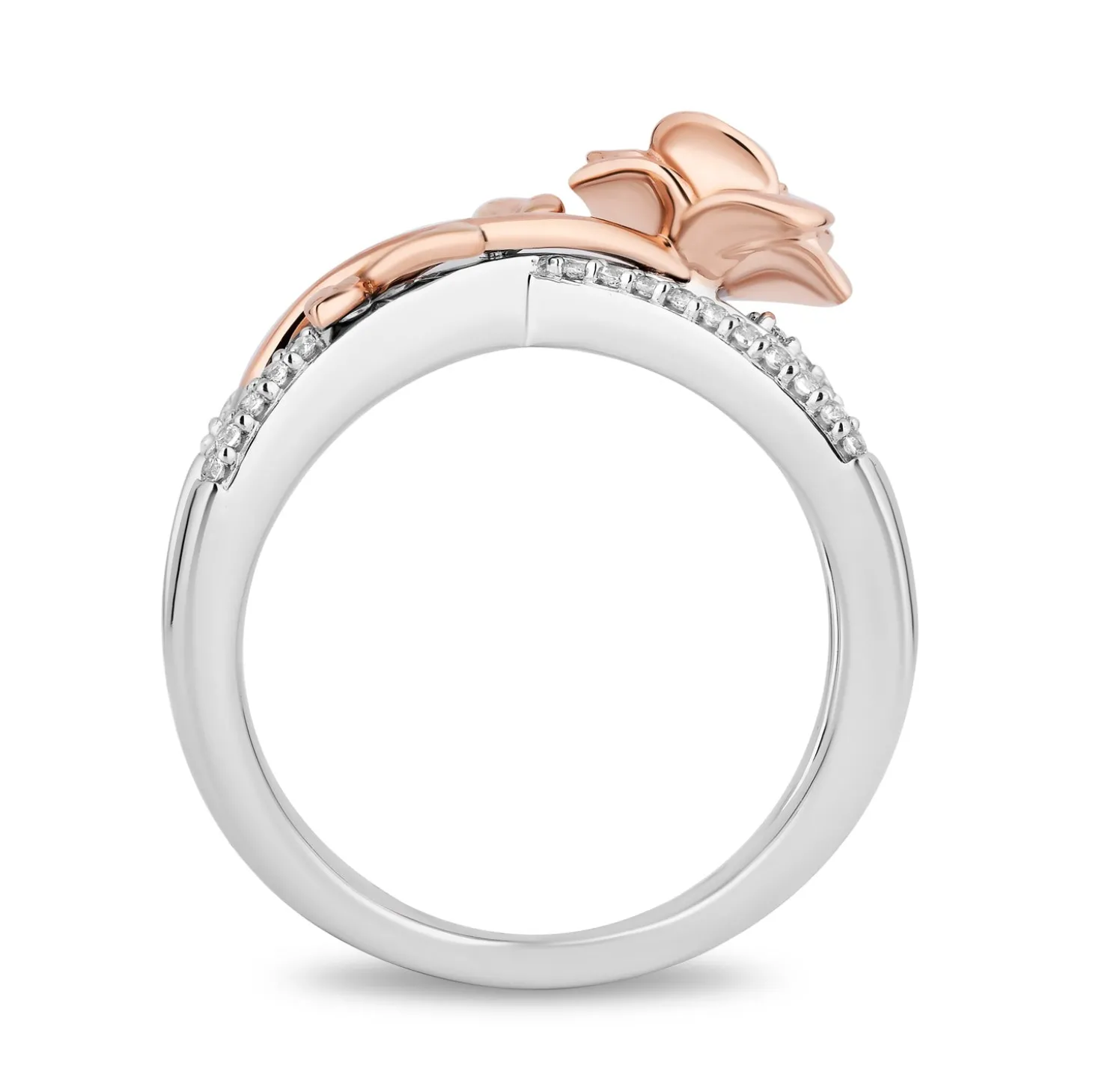 Enchanted Disney Fine Jewelry Sterling Silver and 10K Rose Gold 1/7 CTTW Diamond Belle Rose Cross Ring