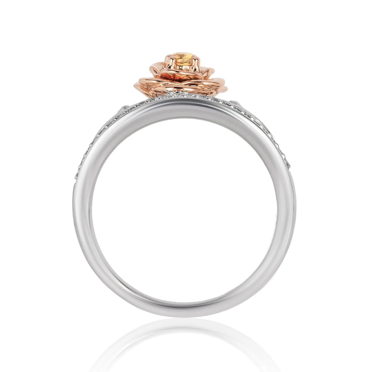 Enchanted Disney Fine Jewelry 14K Rose Gold Over Sterling Silver with 1/10 CTTW Diamond with Yellow Citrine Belle Rose Ring