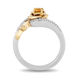 Enchanted Disney Fine Jewelry Sterling Silver and 10K Yellow Gold with 1/10 CTTW Diamond and Yellow Citrine Belle 30th Rose Ring