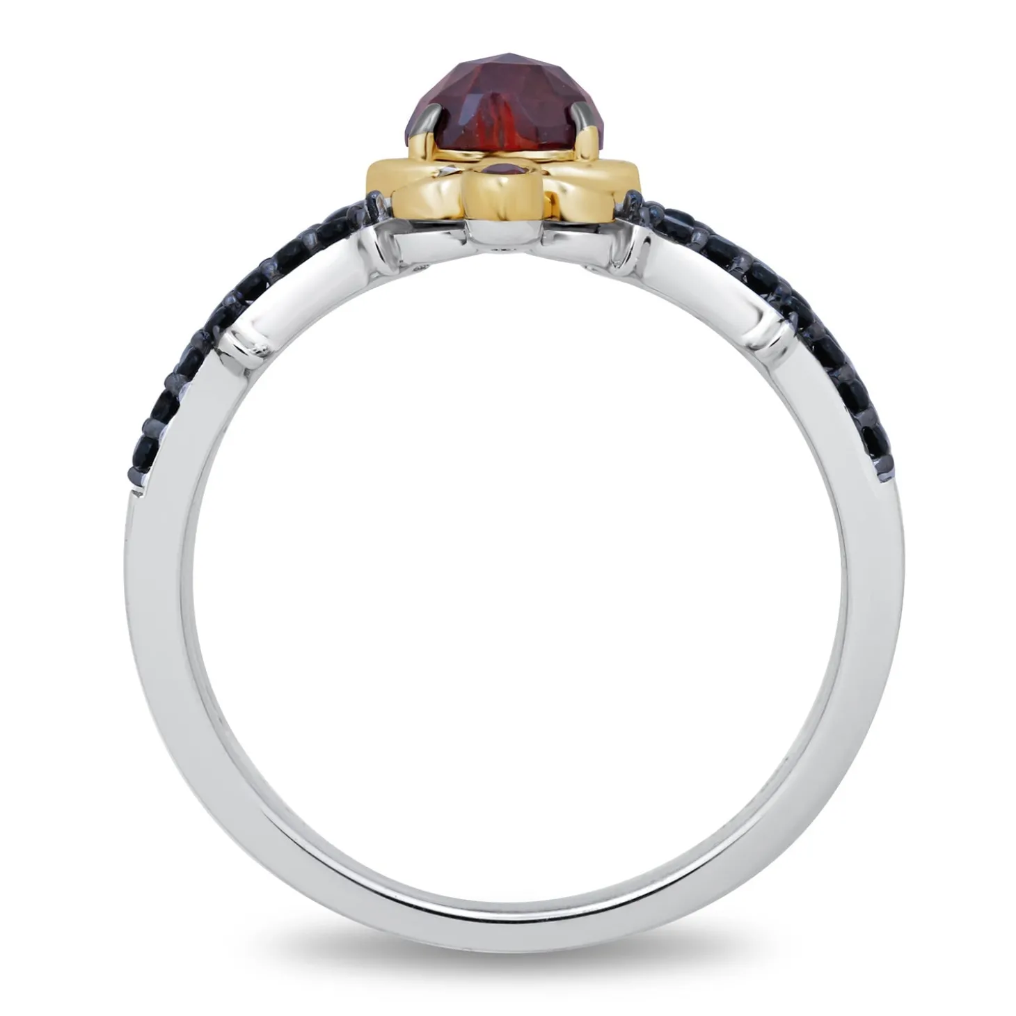 Enchanted Disney Fine Jewelry 10K Yellow Gold and Sterling Silver with 1/4 CTTW Black Diamond and Red Garnet Evil Queen Ring