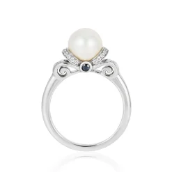 Enchanted Disney Fine Jewelry Sterling Silver 1/6 CTTW Diamond with Pearl and London Blue Topaz Cinderella Ring