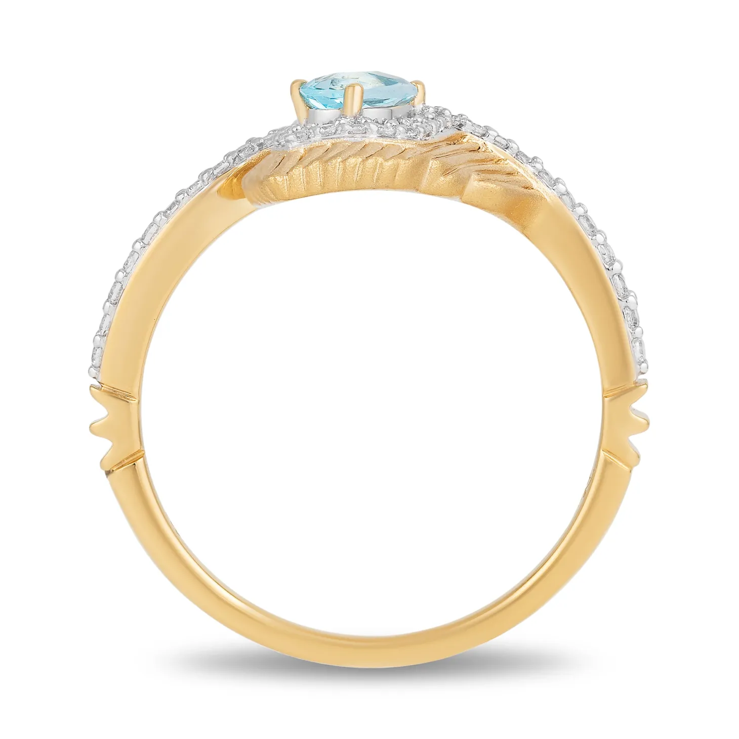 Enchanted Disney Fine Jewelry 10K Yellow Gold 1/6 CTTW Diamond with Swiss Blue Topaz Jasmine Peacock Feather Ring