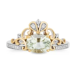 Enchanted Disney Fine Jewelry Sterling Silver and 10K Yellow Gold 1/10 CTTW Diamond and Concave Oval Green Amethyst Stepsisters Ring