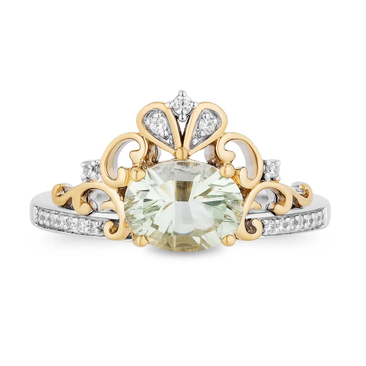 Enchanted Disney Fine Jewelry Sterling Silver and 10K Yellow Gold 1/10 CTTW Diamond and Concave Oval Green Amethyst Stepsisters Ring