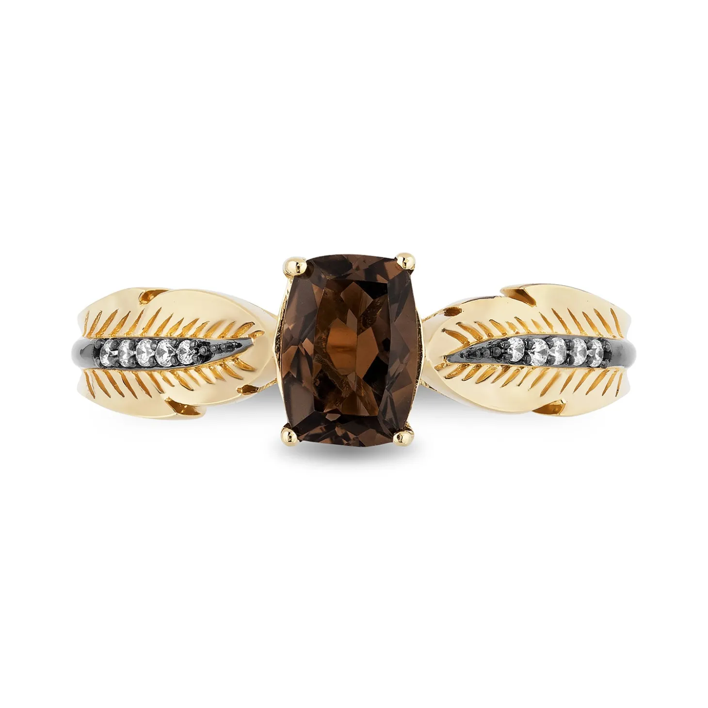 Enchanted Disney Fine Jewelry 10K Yellow Gold with 1/20 CTTW Diamond and Smokey Quartz Pocahontas Feather Ring