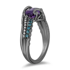 Enchanted Disney Fine Jewelry Black Rhodium Over Sterling Silver with 1/10 CTTW Diamonds, Amethyst and Swiss Blue Topaz Ursula Ring