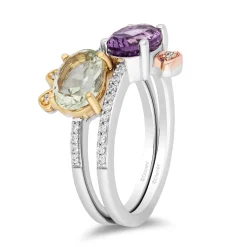 Enchanted Disney Fine Jewelry Sterling Silver and 10K Yellow and Rose Gold 1/6 CTTW Diamond with Green and Purple Amethyst Stepsisters Stackable Ring