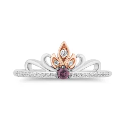 Enchanted Disney Fine Jewelry Sterling Silver and 10K Rose Gold With 1/5 CTTW Diamond with Round Swiss Blue Topaz and Rhodolite Garnet Elsa and Anna Duo Stack Ring