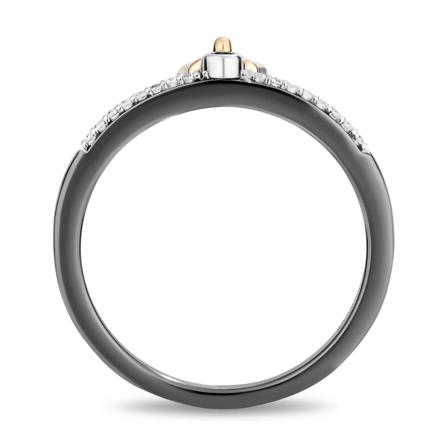 Enchanted Disney Fine Jewelry Black Rhodium Over Sterling Silver with 10K Rose Gold and Yellow Gold 1/8 CTTW Diamond and Red Garnet Evil Queen Aurora Stack Ring