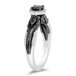 Enchanted Disney Fine Jewelry 14K White Gold with Black Rhodium Maleficent Halo Engagement Ring with 1/2 CT Black Diamond Center and 3/4 CTTW Diamonds