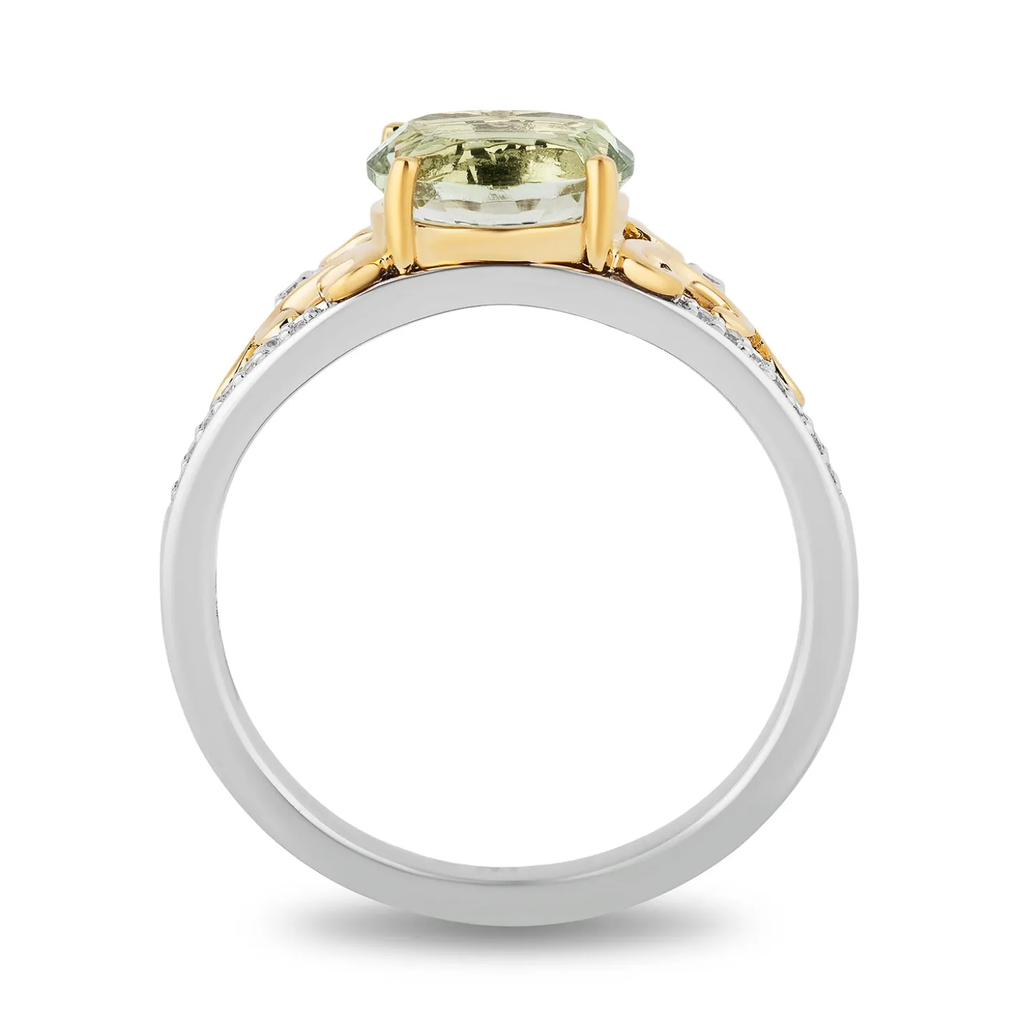Enchanted Disney Fine Jewelry Sterling Silver and 10K Yellow Gold 1/10 CTTW Diamond and Concave Oval Green Amethyst Stepsisters Ring