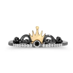 Enchanted Disney Fine Jewelry Black Rhodium Over Sterling Silver with 10K Rose Gold and Yellow Gold 1/8 CTTW Diamond and Red Garnet Evil Queen Aurora Stack Ring