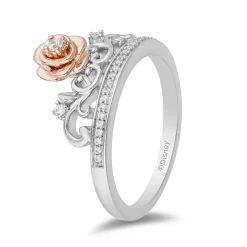 Enchanted Disney Fine Jewelry Sterling Silver and 10k Rose Gold 1/10 CTTW Belle Rose Tiara Ring