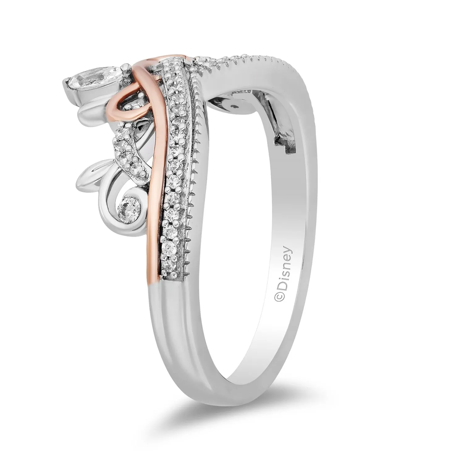 Enchanted Disney Fine Jewelry Sterling Silver and 10K Rose Gold with 1/5 CTTW Round and Marquise Diamond Rapunzel Tiara Ring