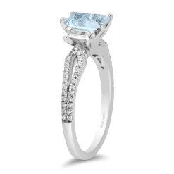 Enchanted Disney Fine Jewelry 10K White Gold with 3/8 CTTW Round and Baguette Diamond and Aquamarine Elsa Engagement Ring