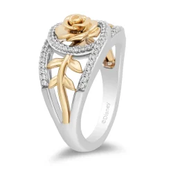 Enchanted Disney Fine Jewelry Sterling Silver and 10K Yellow Gold with 1/5 CTTW Diamond Belle 30th Rose Ring