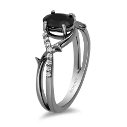 Enchanted Disney Fine Jewelry Black Rhodium Over Sterling Silver with 1/10 CTTW Diamond and Black Onyx Maleficent Ring