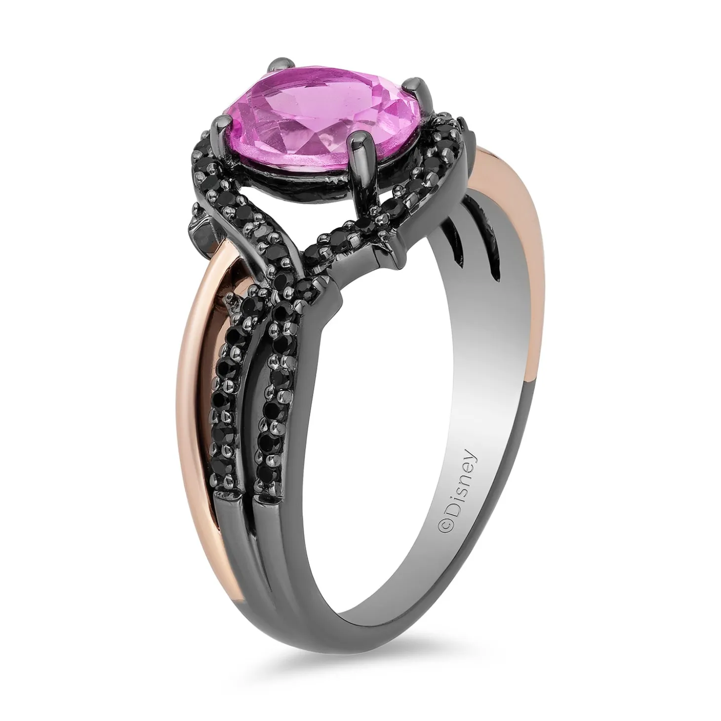 Enchanted Disney Fine Jewelry 14K Rose Gold over Sterling Silver with Black Rhodium with 1/4 CTTW Diamond and Created Pink Sapphire Maleficent Ring