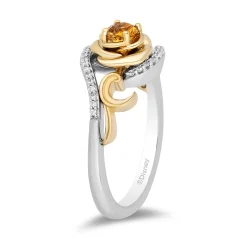 Enchanted Disney Fine Jewelry Sterling Silver and 10K Yellow Gold with 1/10 CTTW Diamond and Yellow Citrine Belle 30th Rose Ring