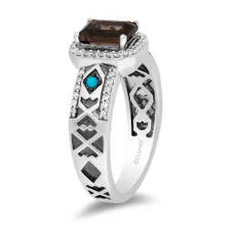 Enchanted Disney Fine Jewelry Sterling Silver with 1/5 CTTW Diamond with Smokey Quartz and Turquoise Pocahontas Ring