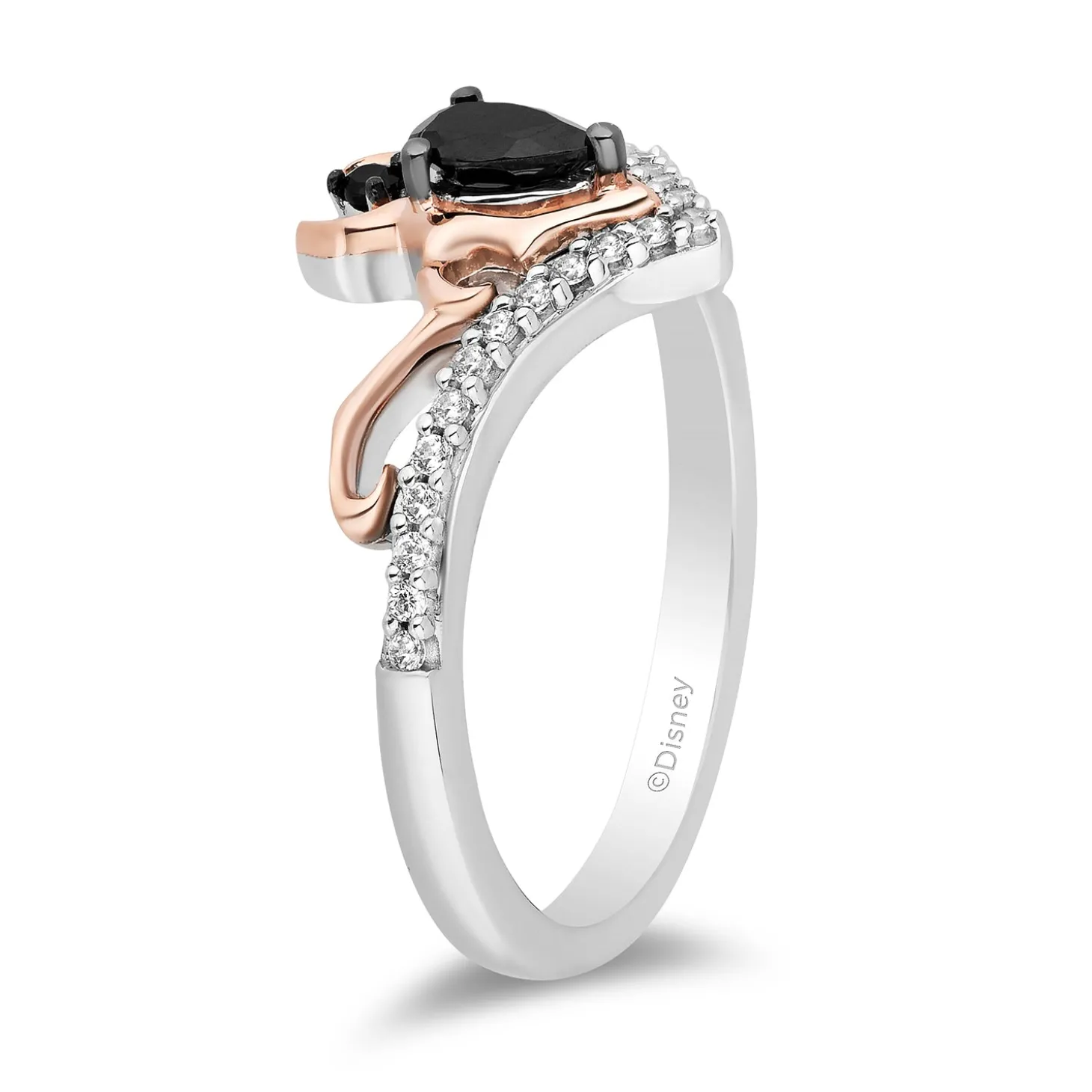 Enchanted Disney Fine Jewelry 10K Rose Gold and Sterling Silver with 1/6 CTTW Black and White Diamond with Black Onyx Maleficent Ring